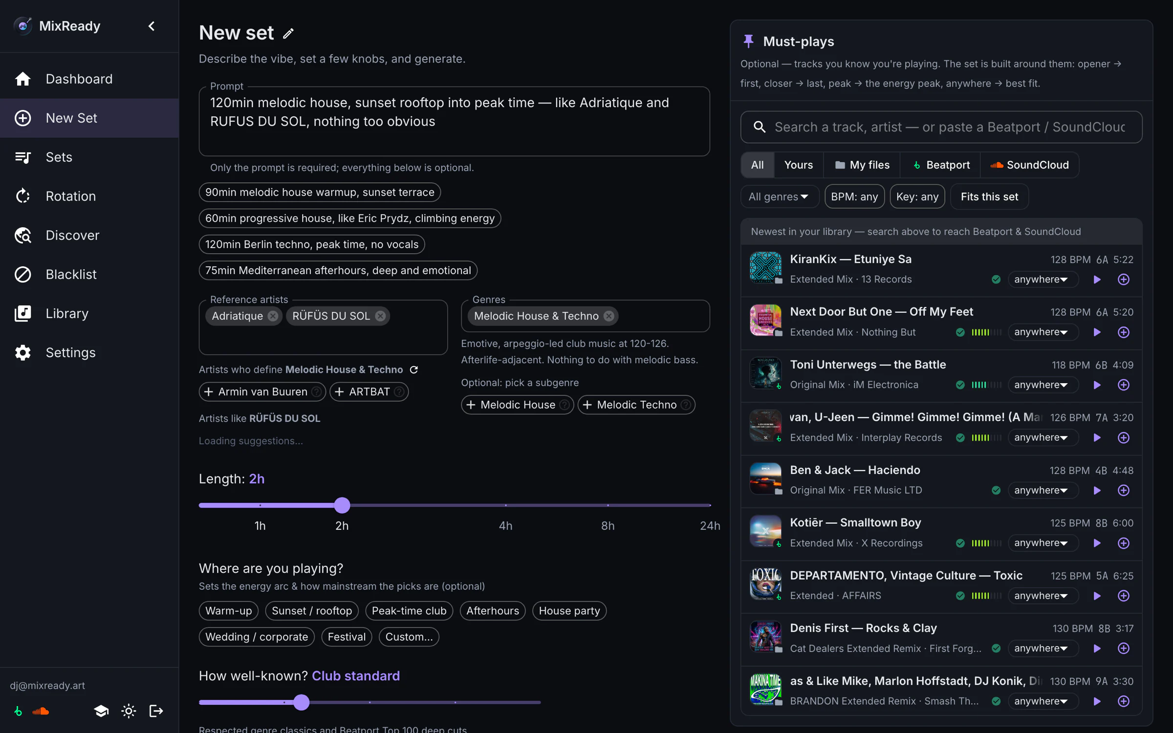 The New set page: a prompt describing a 120-minute melodic house set, with reference artists and genre auto-filled from it, length and venue knobs, and a Must-plays panel searching across the library, Beatport and SoundCloud.