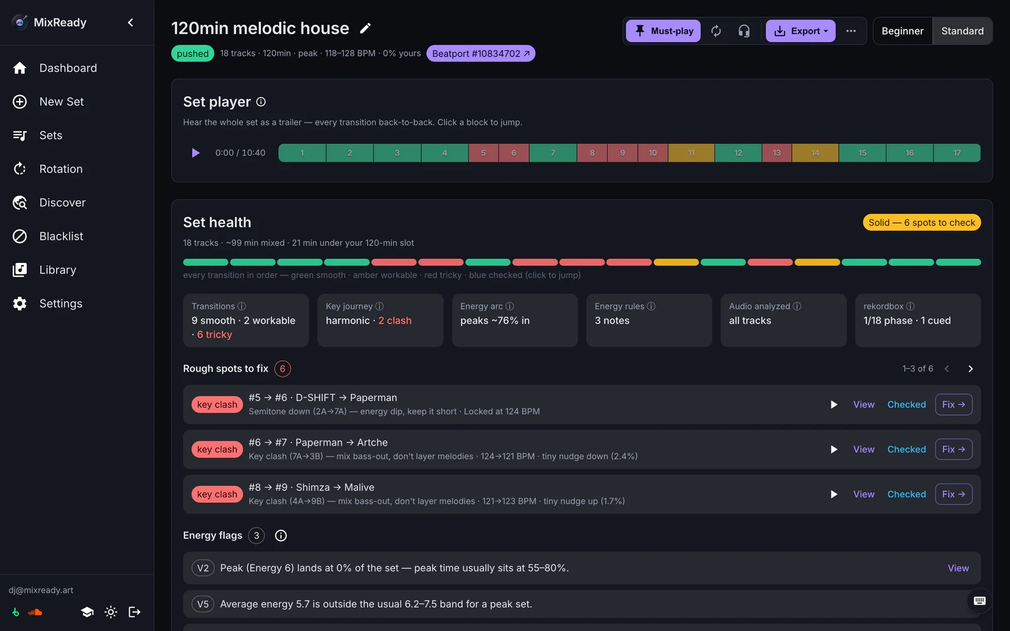 The Set health panel: a per-transition strip coloured green, amber and red, summary tiles for transitions, key journey, energy arc and rekordbox analysis, and a Rough spots to fix list with specific key-clash advice per pair.