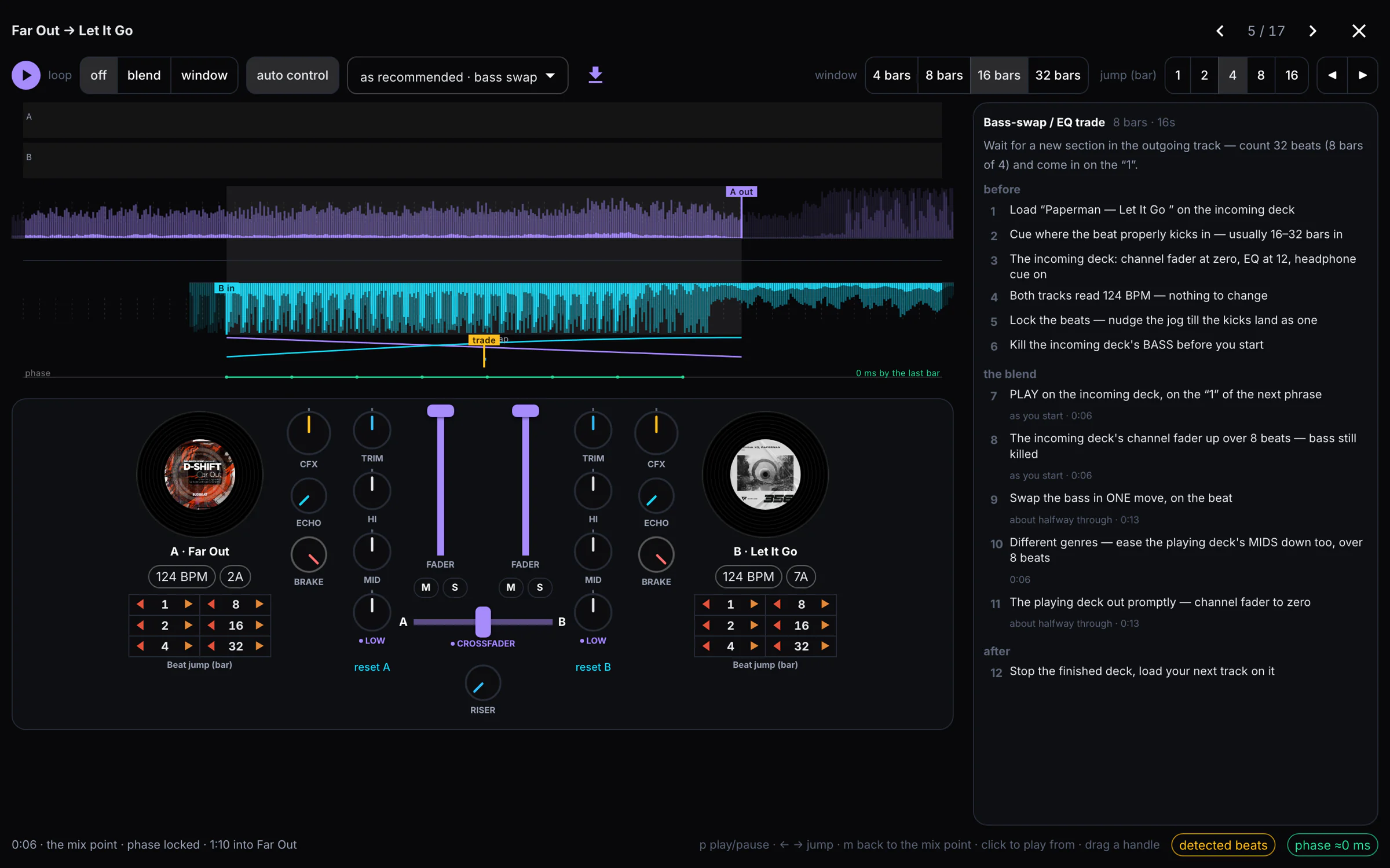 The Transition Lab: both tracks as waveforms with the overlap shaded and draggable mix-in, trade and mix-out handles, automation curves and a phase lane beneath, a full two-deck mixer below, and a twelve-step script for the bass-swap on the right.