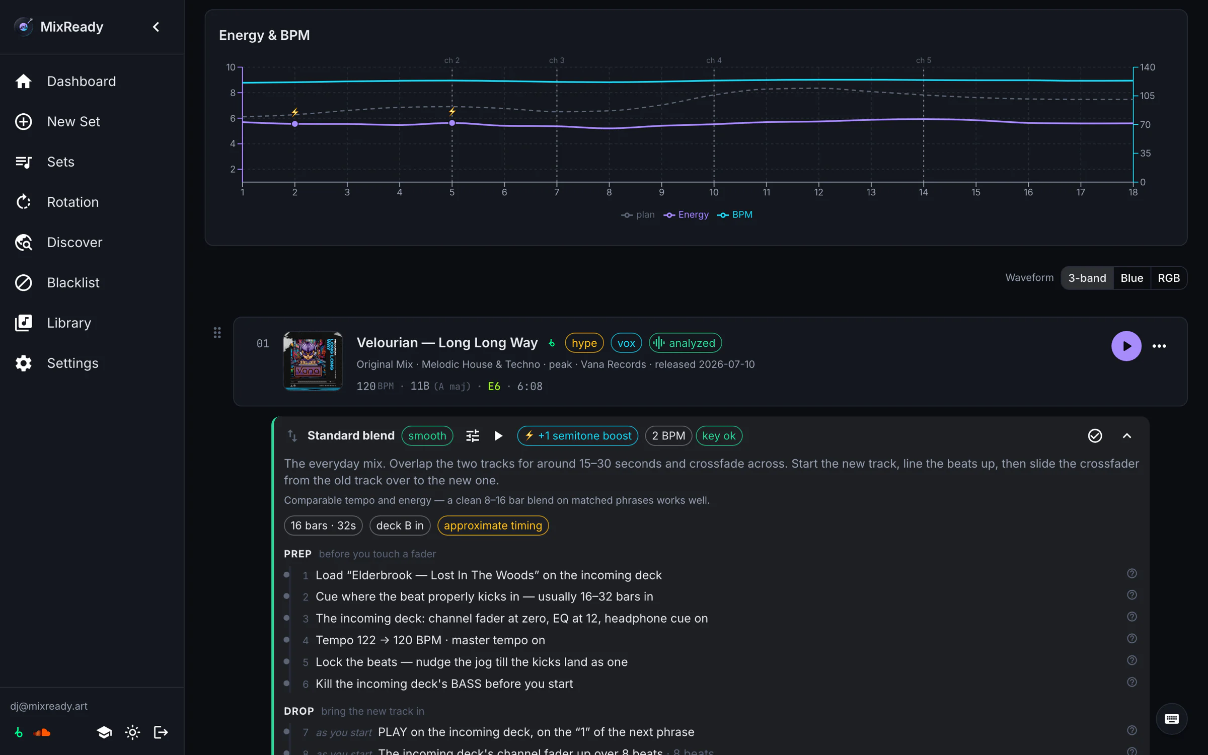 A generated 120-minute melodic house set: an energy and BPM curve across all 18 tracks, then the first track with its transition recipe expanded into prep and drop steps.